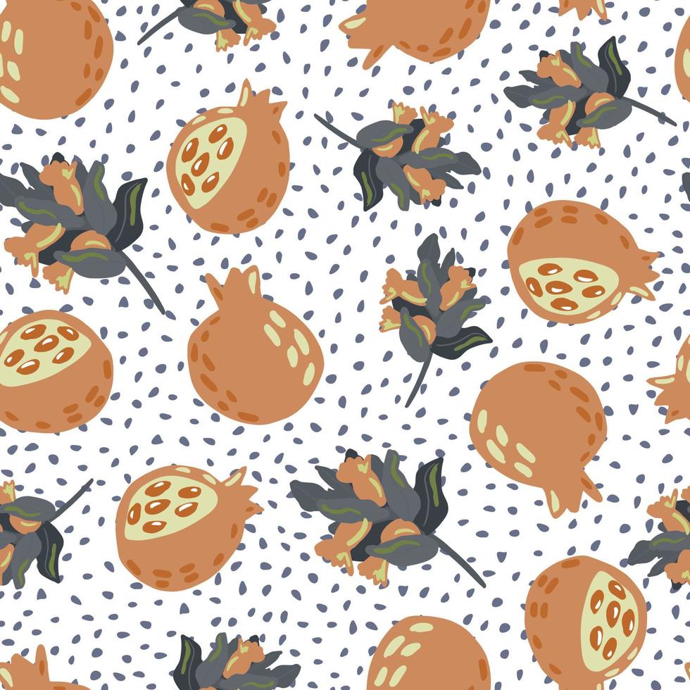 motif harmonieux pâle avec imprimé ganet et branches orange et bleu. fond pointillé blanc. toile de fond simple de fruits. vecteur