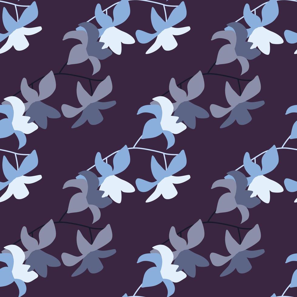 scrapbook nature motif sans couture avec des silhouettes de fleurs hawaii bleues et violettes. fond sombre. vecteur