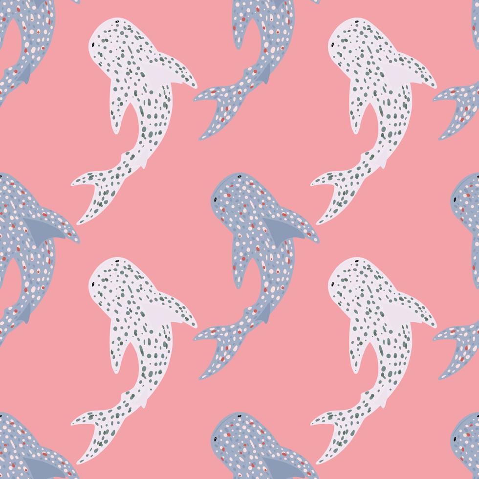 modèle sans couture d'animal de poisson avec des silhouettes de baleine en pointillés clairs et bleus. fond rose. vecteur