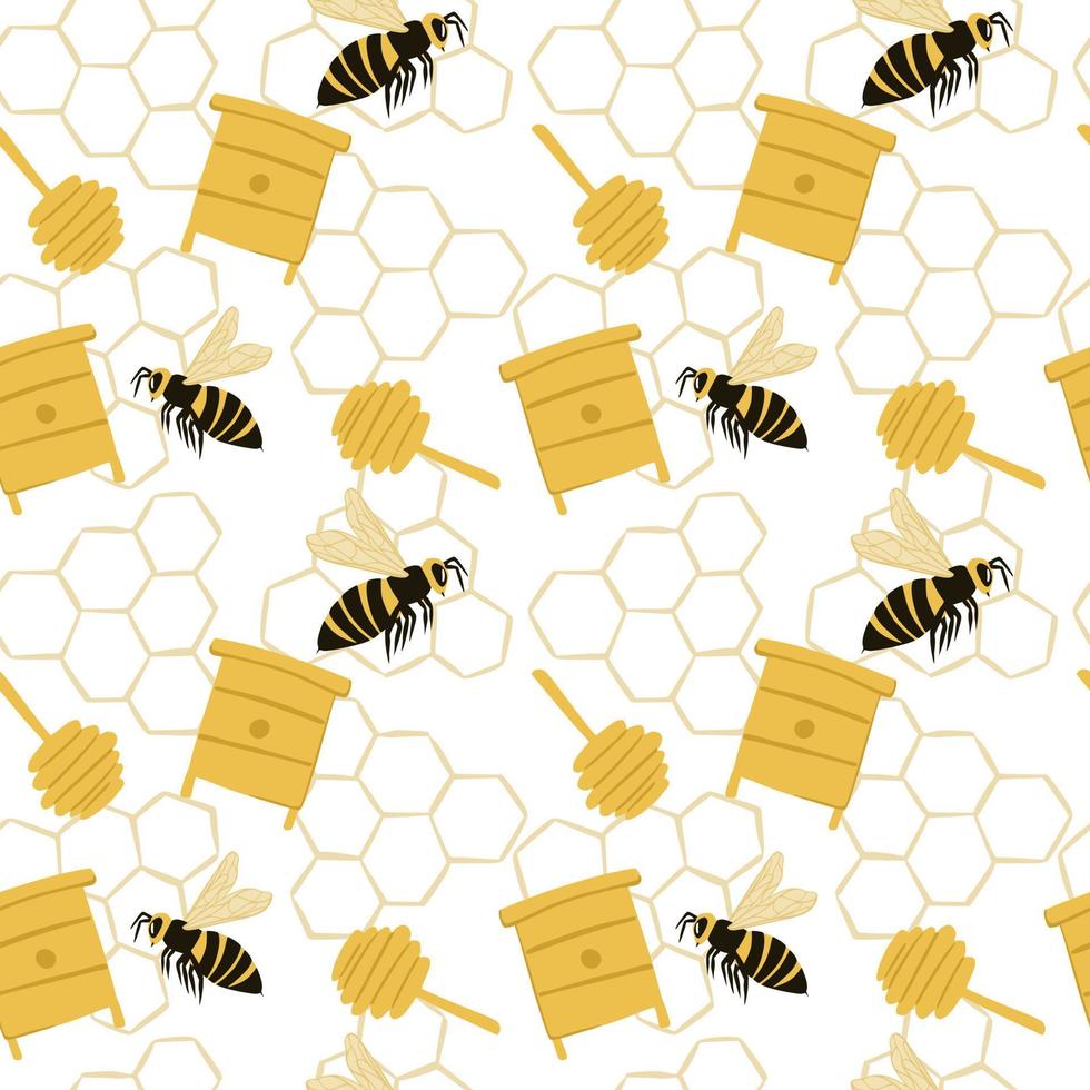 doodle motif sans couture avec abeille jaune, ruche, silhouettes de cuillère à miel. fond blanc avec des nids d'abeilles. vecteur