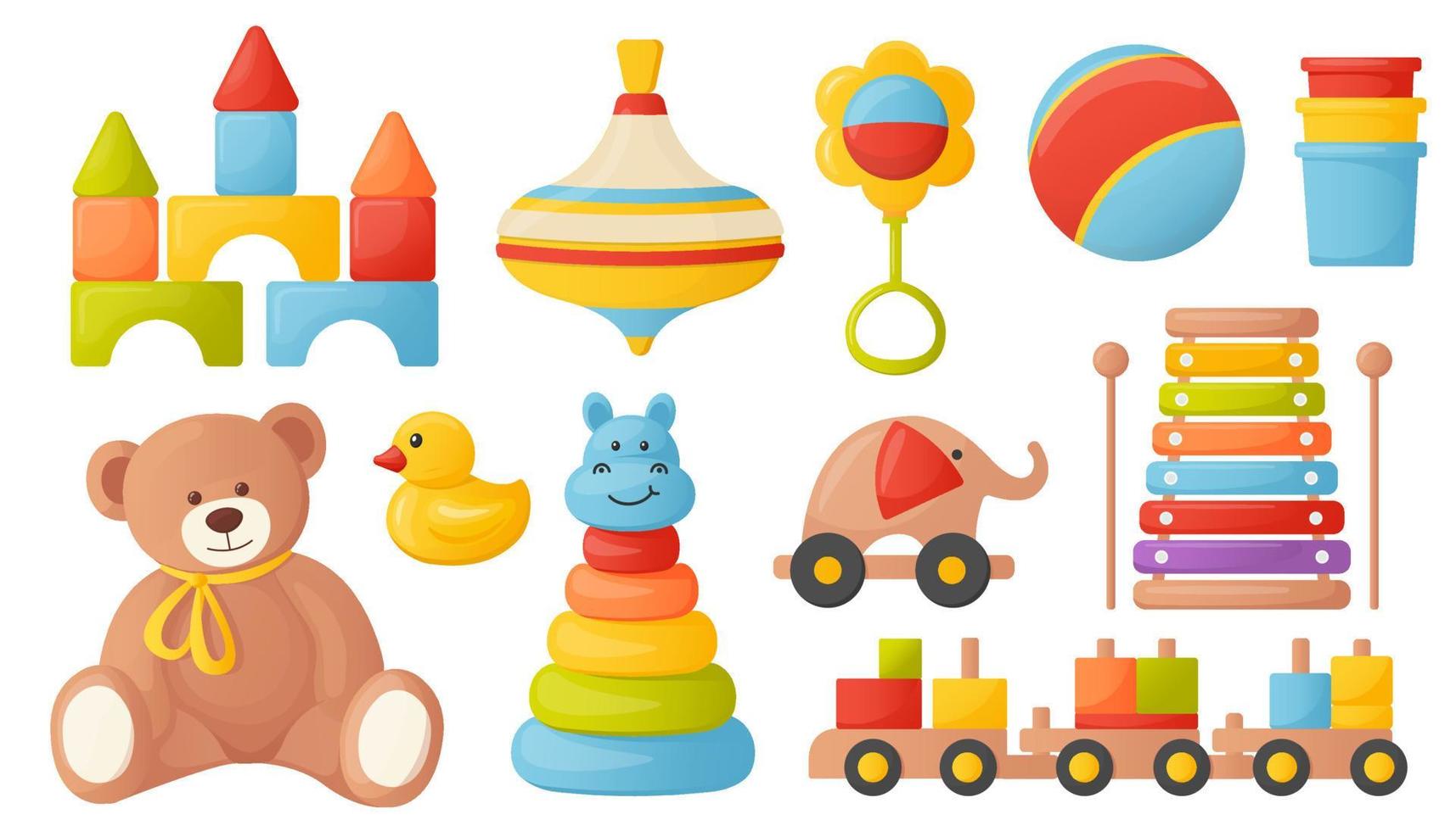 un ensemble de jouets colorés pour enfants. illustrations vectorielles avec style cartoon. vecteur