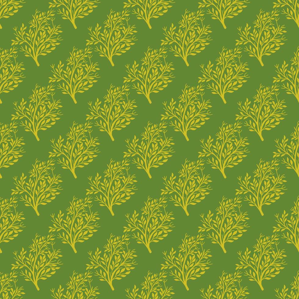 motif de doodle sans couture de forêt d'arbres jaune créatif dans un style floral dessiné à la main. fond vert. formes naturelles. vecteur