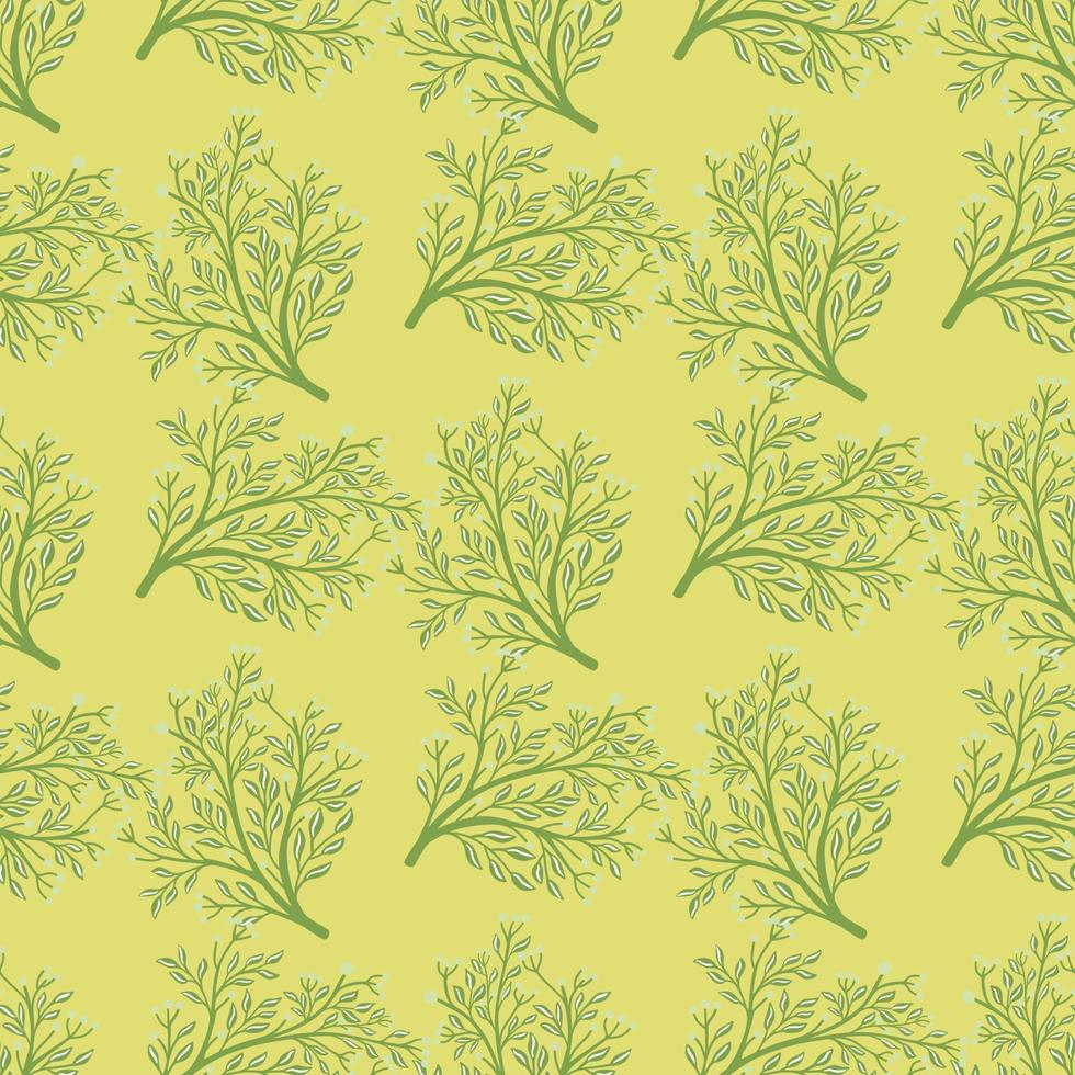 modèle sans couture de silhouettes d'arbustes aléatoires verts dans le style doodle. fond jaune clair. impression abstraite de griffonnage. vecteur