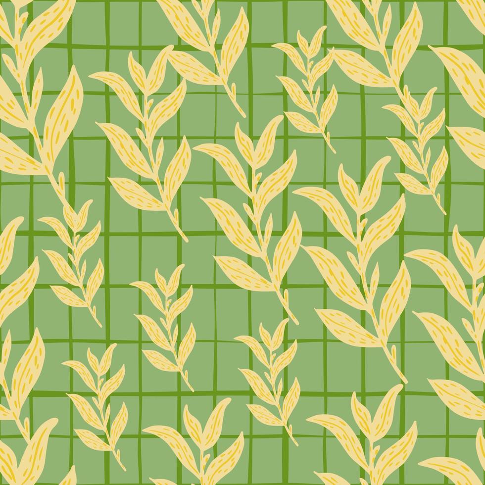 motif harmonieux aléatoire avec ornement de branches de feuilles jaune pâle sur fond quadrillé vert. vecteur