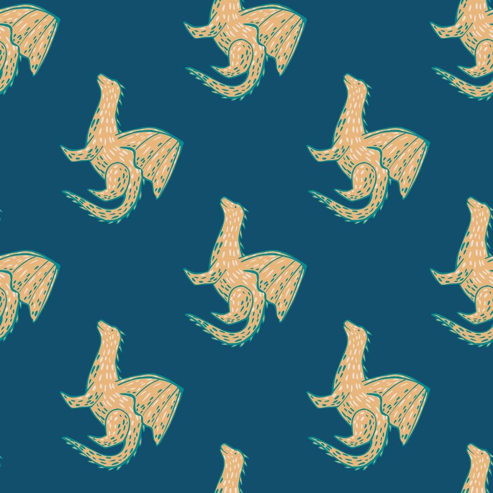 motif créatif harmonieux avec des silhouettes profilées de dragon beige dessinées à la main. fond sombre turquoise. vecteur