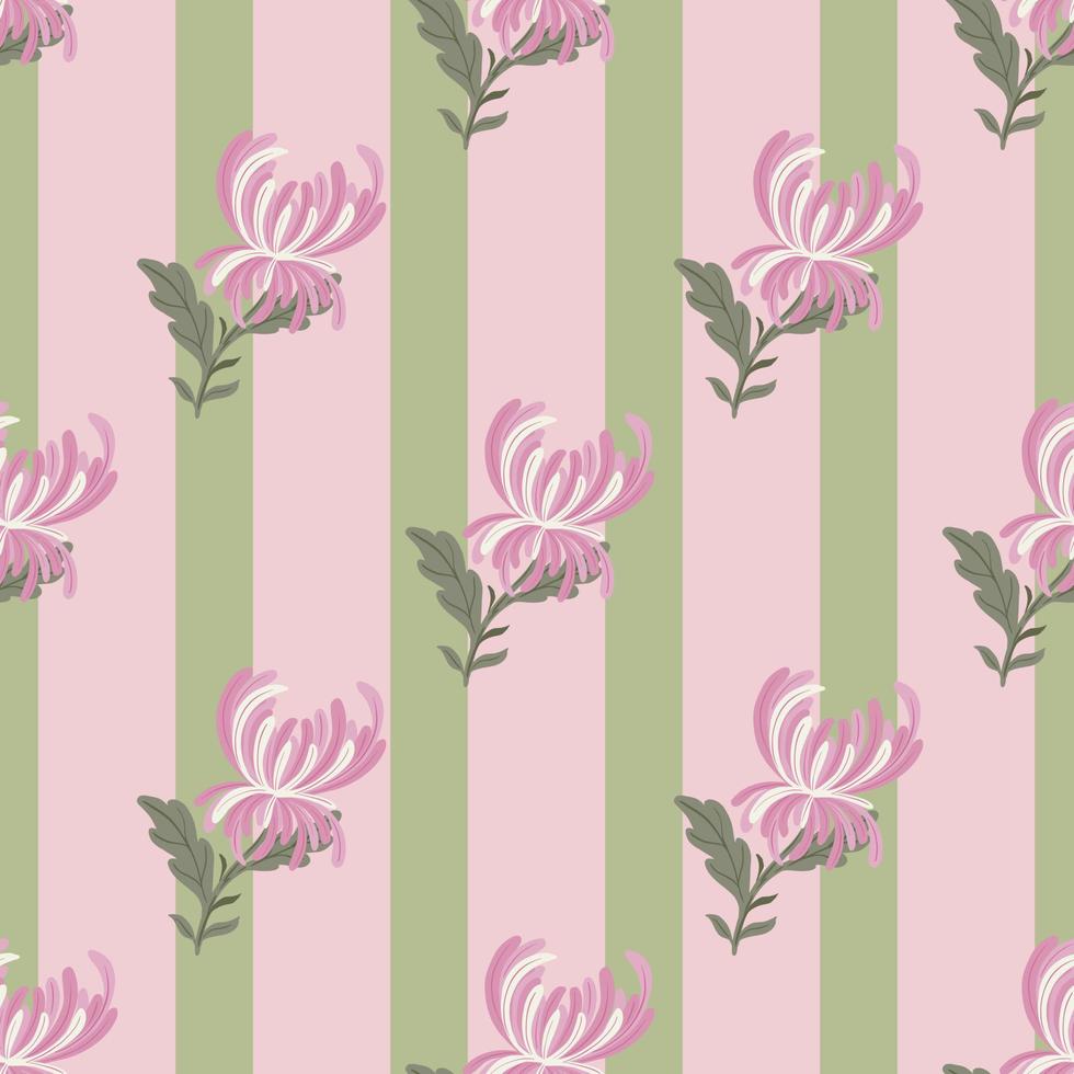 motif harmonieux de fleurs avec imprimé de formes de fleurs de chrysanthème en diagonale rose. fond rayé. vecteur