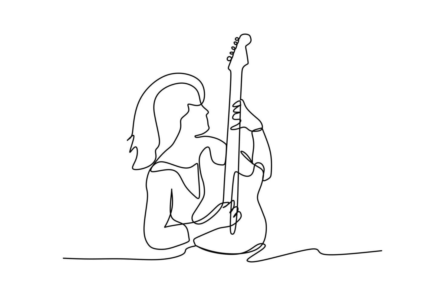 dessin en ligne continu d'un rocker guitariste assis masculin jouant de sa guitare électrique. concept de performance d'artiste musicien dynamique illustration vectorielle de dessin graphique à une seule ligne vecteur