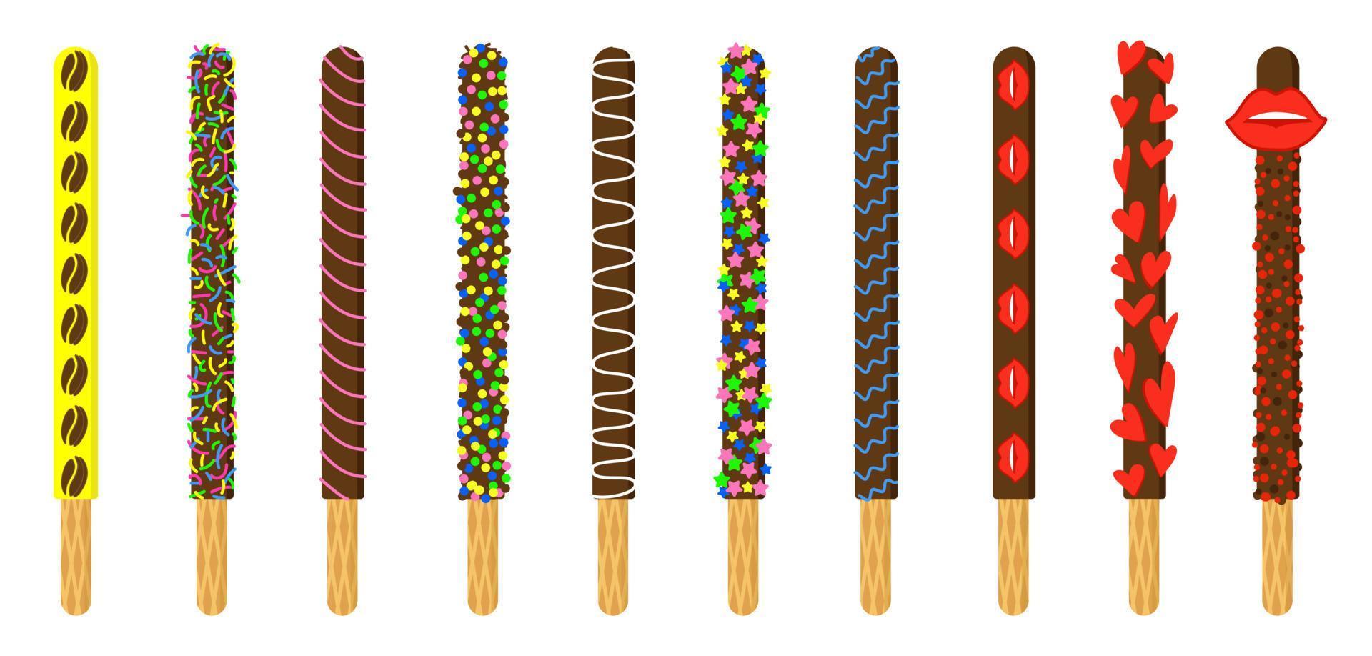 jour de pepero. bâtonnets de biscuits au chocolat. glacer des formes géométriques colorées. ensemble de bâtons de paille pocky. illustration vectorielle isolée. vecteur