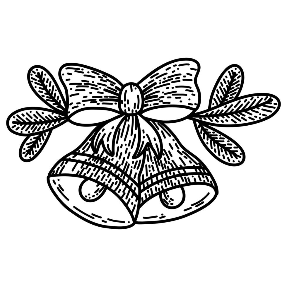 clochettes de noël dessinées à la main dans un style de dessin animé, avec des rubans, un arc décoratif, de l'épinette vecteur
