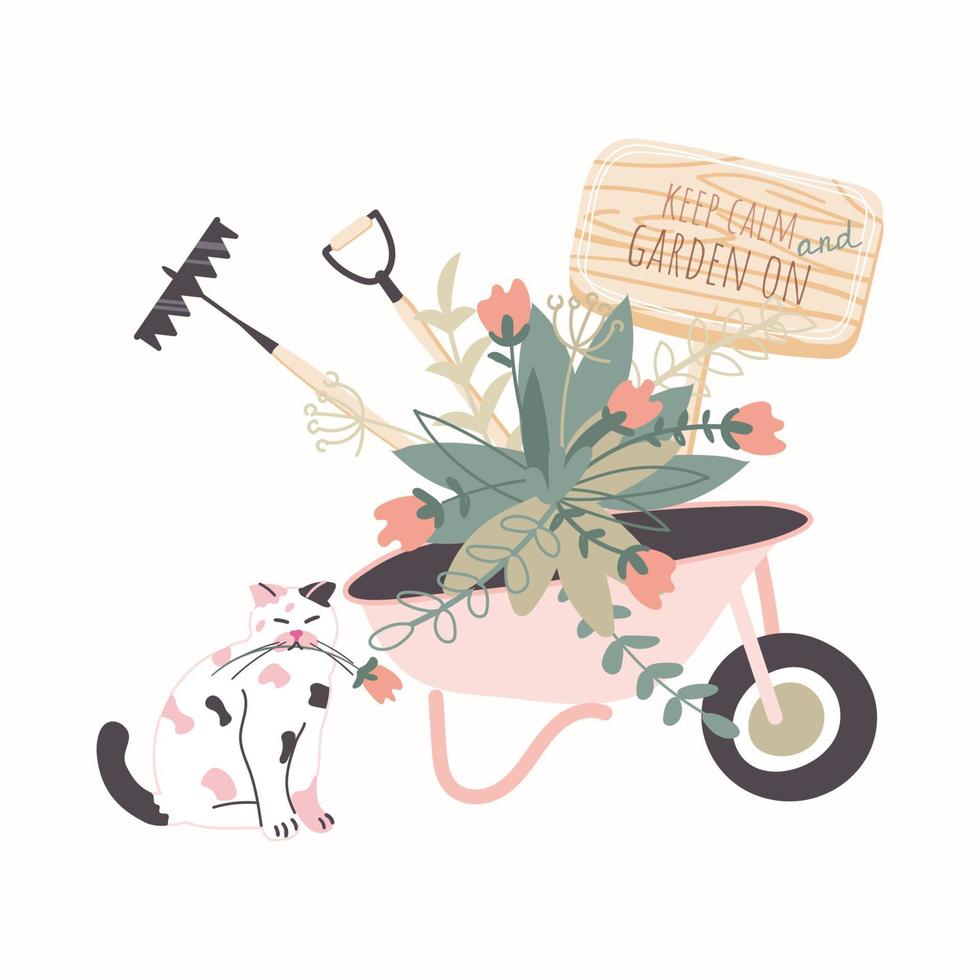 illustration mignonne avec des outils de jardin et un chat. travailler, cultiver et prendre soin des plantes et des légumes. style de dessin animé dessiné à la main avec lettrage - gardez votre calme et jardinez. vecteur