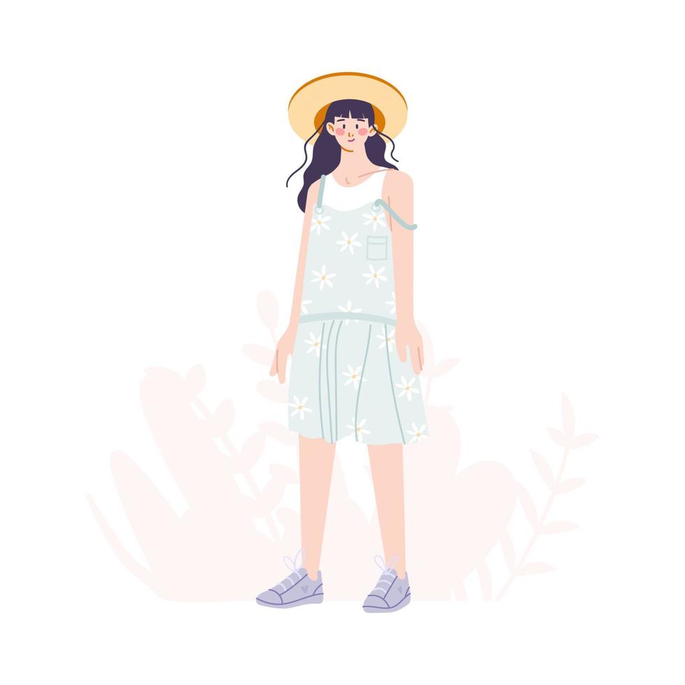 jeune fille souriante dans une robe d'été et un chapeau de paille. jeune fille jardinière. tenue de printemps d'été. illustration de dessin à la main en style cartoon. vecteur