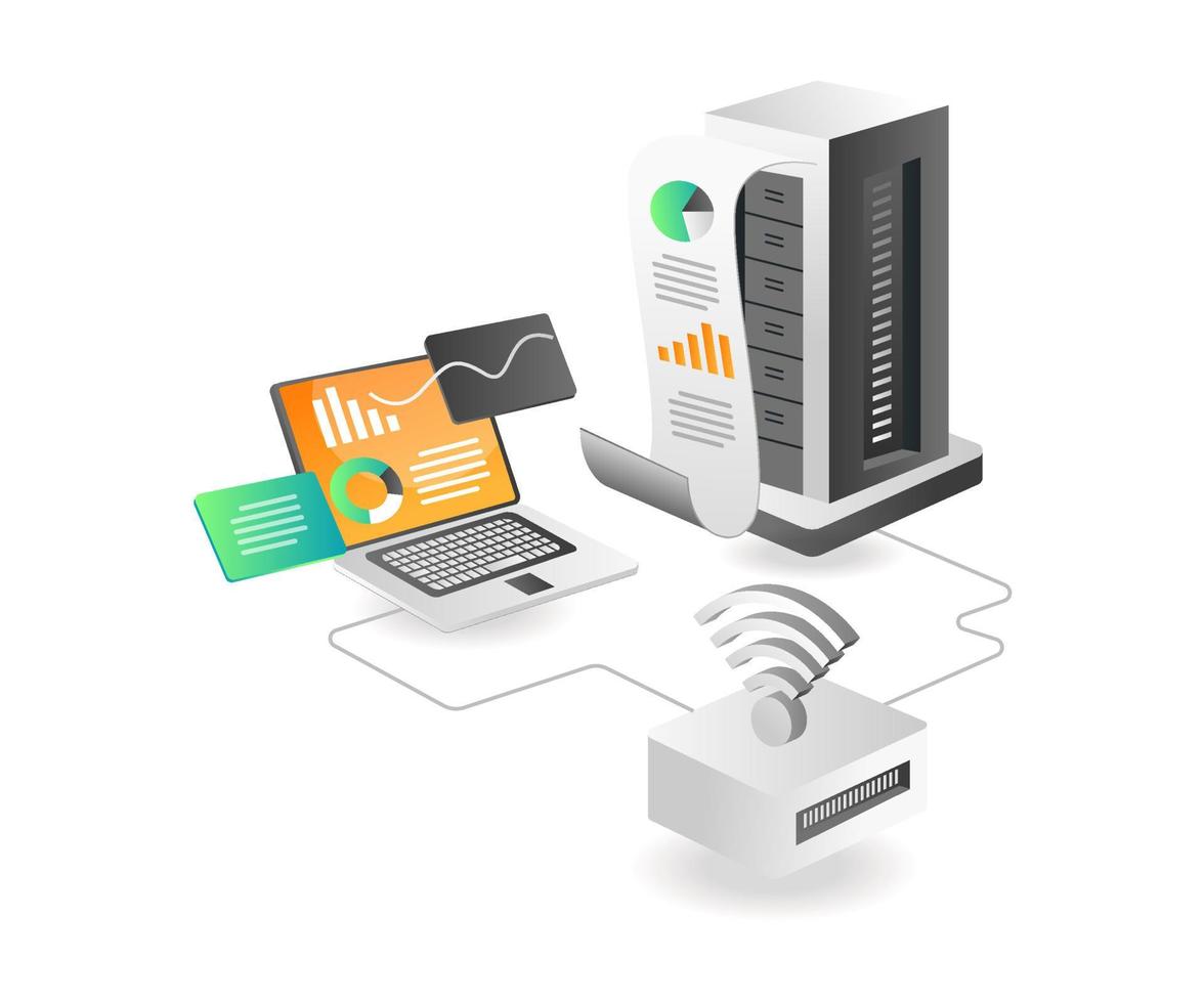 concept d'illustration isométrique. serveur d'analyse de données de routeur wifi vecteur