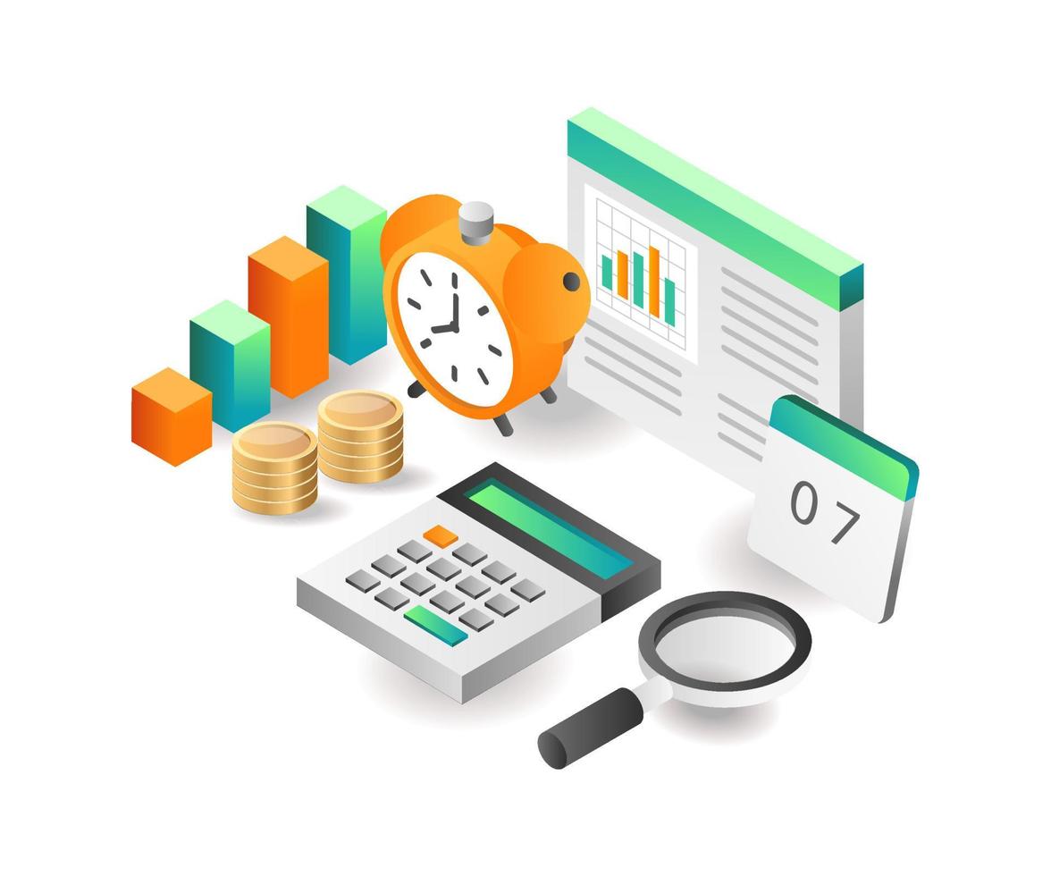 concept isométrique d'illustration. temps de maturité analyse des données sur les revenus de l'entreprise vecteur