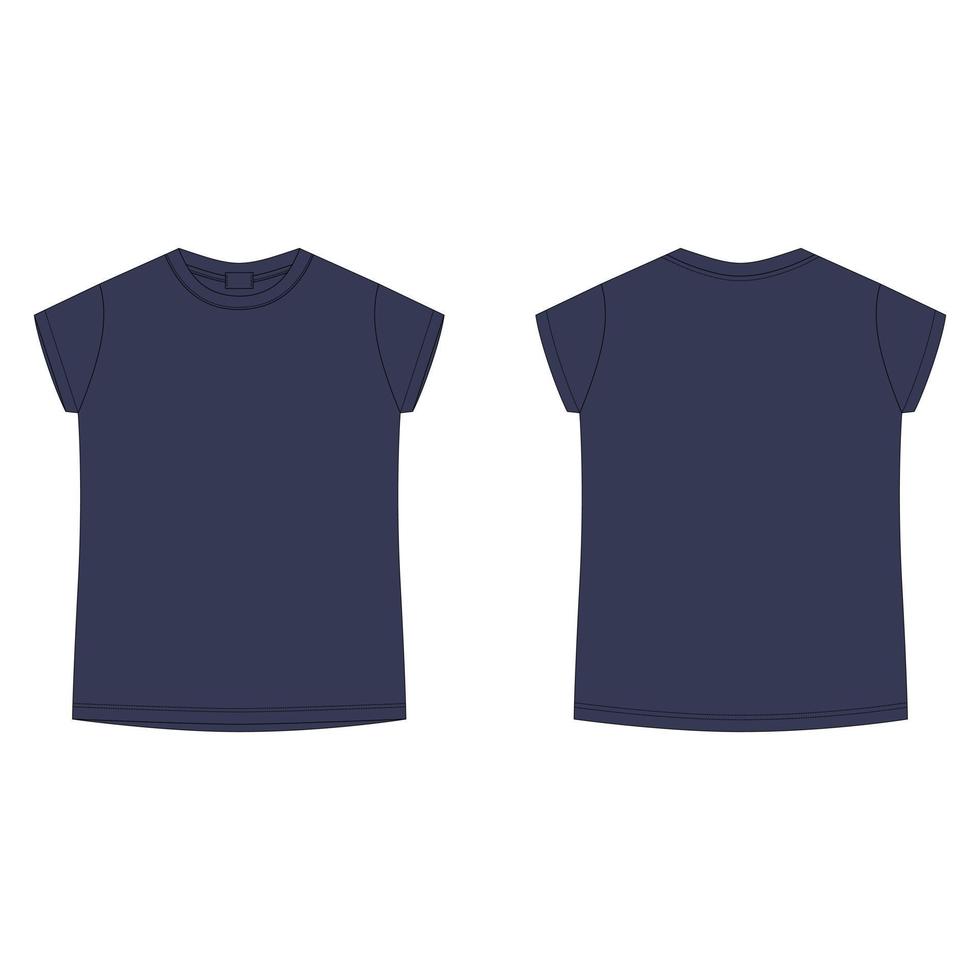 modèle vierge de t-shirt en coton. tee-shirt de croquis technique pour enfants isolé sur fond blanc. couleur bleu marine. avant et arrière. vecteur