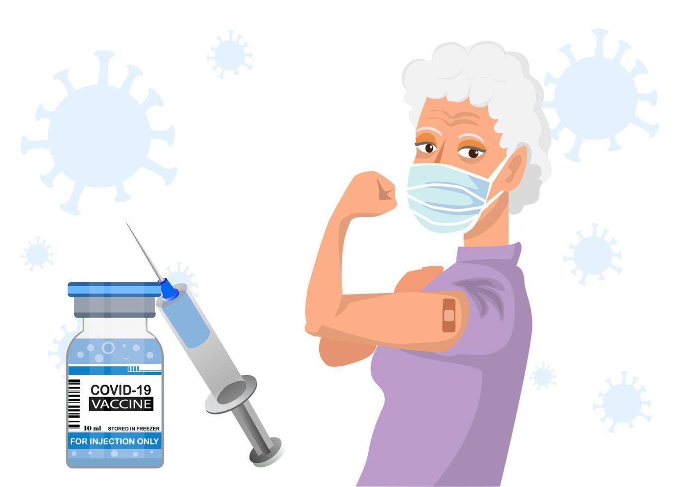 vieille femme montrant le bras de vaccination contre le coronavirus, distribuant le vaccin pour la population générale. vecteur d'illustration de dessin animé de style plat