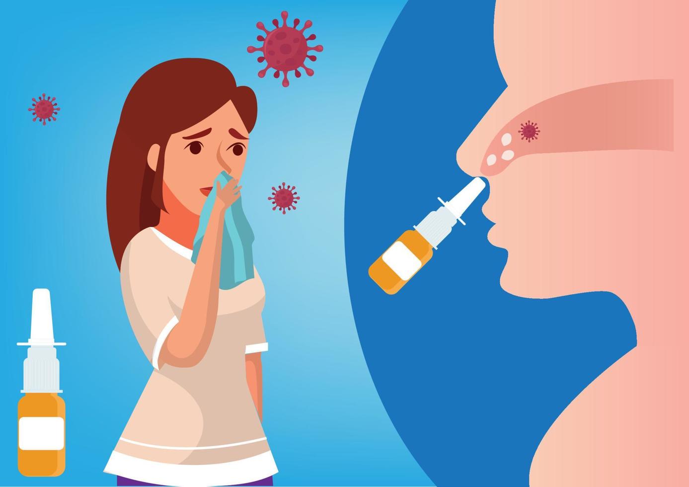 laver la saleté du nez. injections nasales de solution saline, saison du rhume et de la grippe, y compris le coronavirus. vecteur d'illustration de dessin animé de style plat