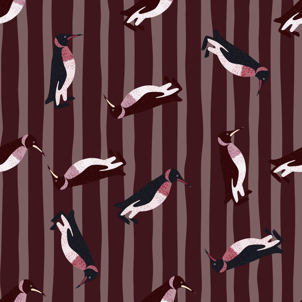 motif animal sans couture avec imprimé pingouin aléatoire. fond marron rayé. toile de fond de zoo de dessin animé. vecteur