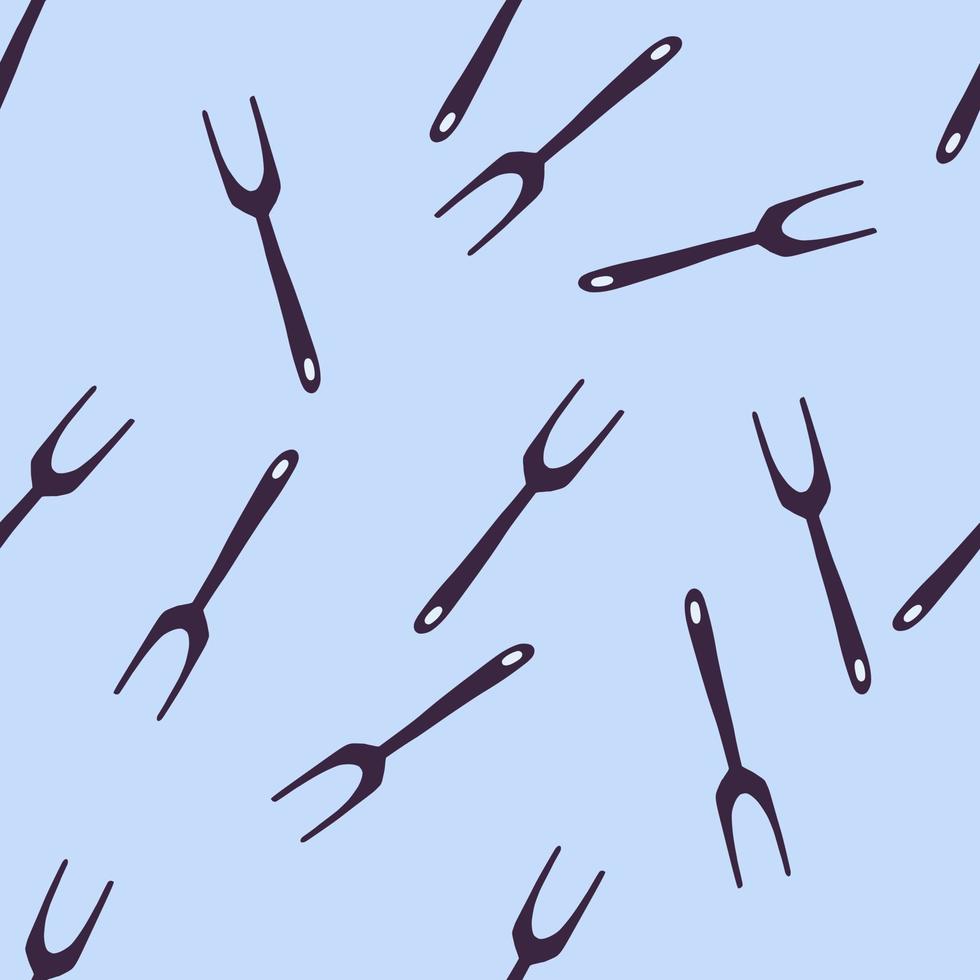 modèle sans couture de doodle avec ornement aléatoire de fourchette de gril. silhouettes bleu marine foncé sur fond bleu clair. vecteur