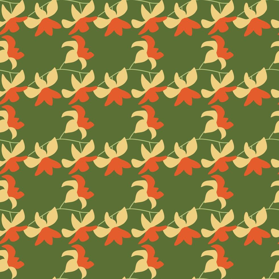 modèle sans couture de doodle nature avec ornement de fleurs hawaii tropicales. imprimé orange. fond vert. vecteur