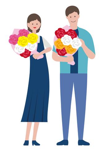 Ensemble d&#39;un homme et une femme tenant des bouquets isolés sur fond blanc. vecteur
