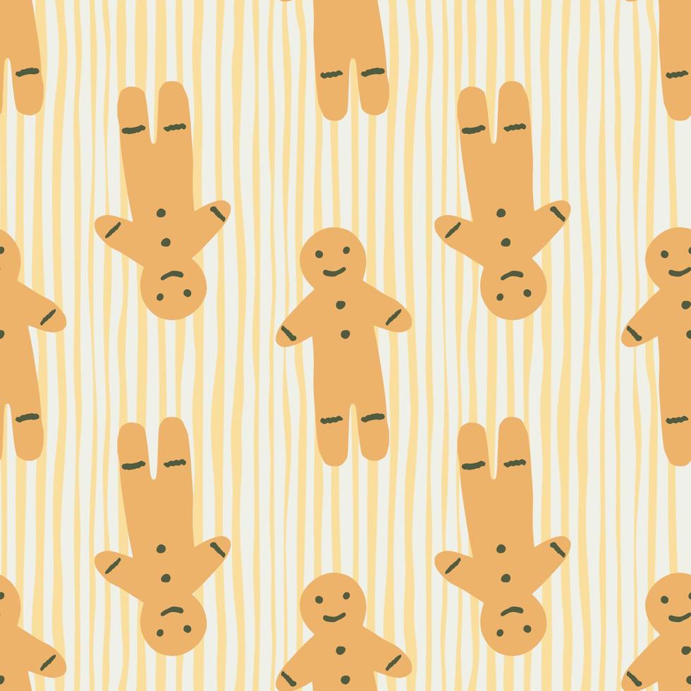 motif de doodle sans couture d'hiver avec des silhouettes de biscuits dessinés à la main d'homme en pain d'épice. dessert de couleur orange sur fond dépouillé. vecteur