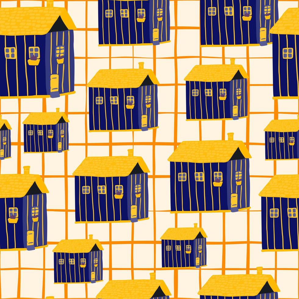 modèle sans couture d'ornement de maison lumineuse aléatoire. cottages jaunes et bleu marine sur fond blanc avec chèque. vecteur