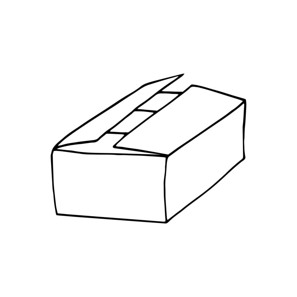 boîte en carton ouverte dessinée à la main dans un style doodle. , dessin au trait, nordique, scandinave, minimalisme, monochrome. icône, autocollant. paquet. vecteur