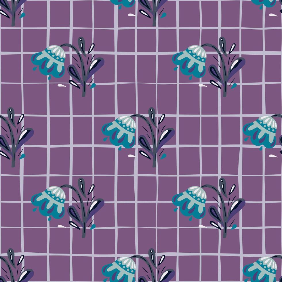 motif de doodle sans couture de fleurs de couleur bleue dans un style dessiné à la main. fond quadrillé violet. vecteur