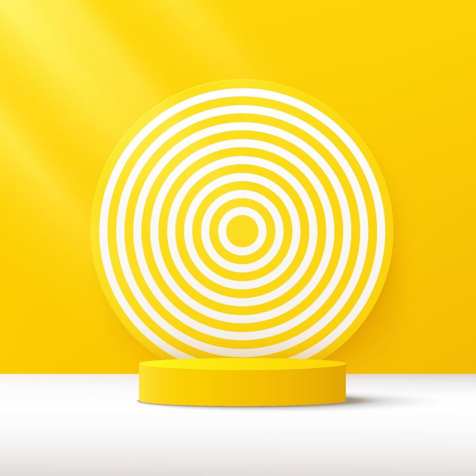 podium de piédestal de cylindre jaune abstrait, jaune vif, toile de fond en spirale blanche, ombre de la fenêtre. rendu vectoriel forme 3d, présentation de l'affichage du produit. concept de salle de studio, scène murale minimale.