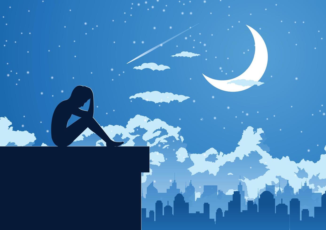 conception de la silhouette d'un jeune homme solitaire dans une nuit silencieuse au sommet du bâtiment vecteur