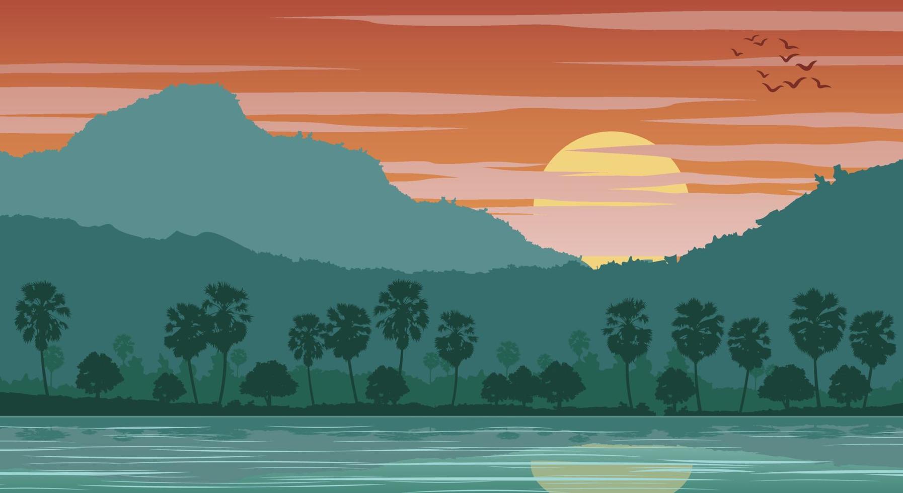 paysage de silhouette de paysage de pays d'asie sur une zone tropicale avec des palmiers et la rivière vecteur