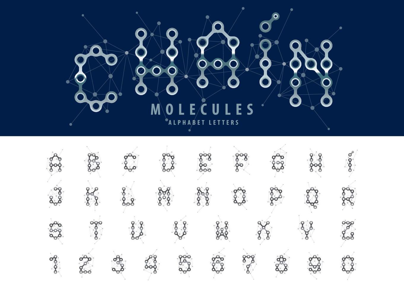 vecteur de polices de lettres audacieuses de cellule de molécule, lettres et chiffres de l'alphabet de la chaîne abstraite