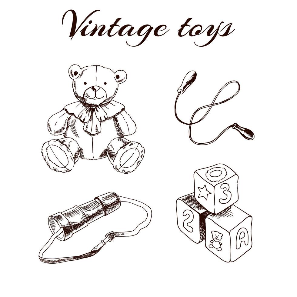 un ensemble de jouets vintage dessinés à la main. ours en peluche, corde à sauter, longue-vue, blocs. contour illustration vectorielle vintage. élément de croquis vintage pour la conception d'étiquettes, d'emballages et de cartes. vecteur