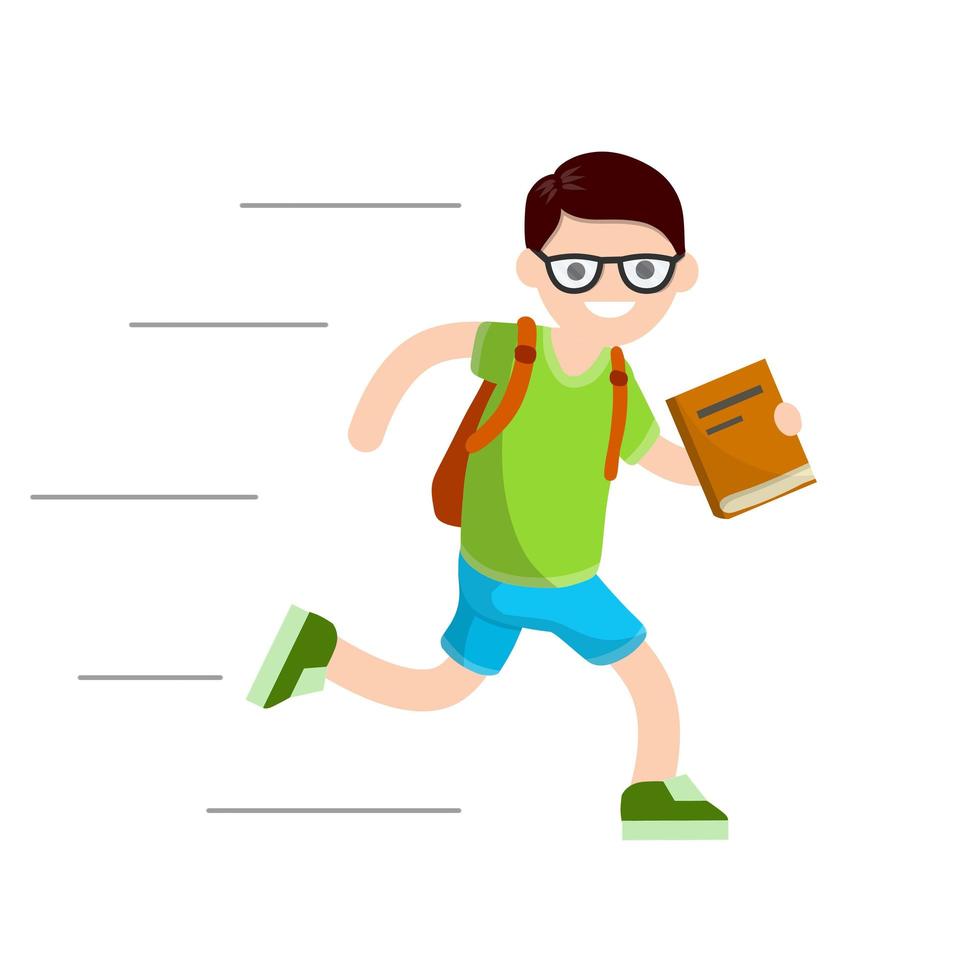 garçon courir avec un livre. l'élève va à l'école. étudiant avec sac à dos est en retard pour l'école. gars en vêtements d'été. illustration plate de dessin animé. enfant heureux vecteur