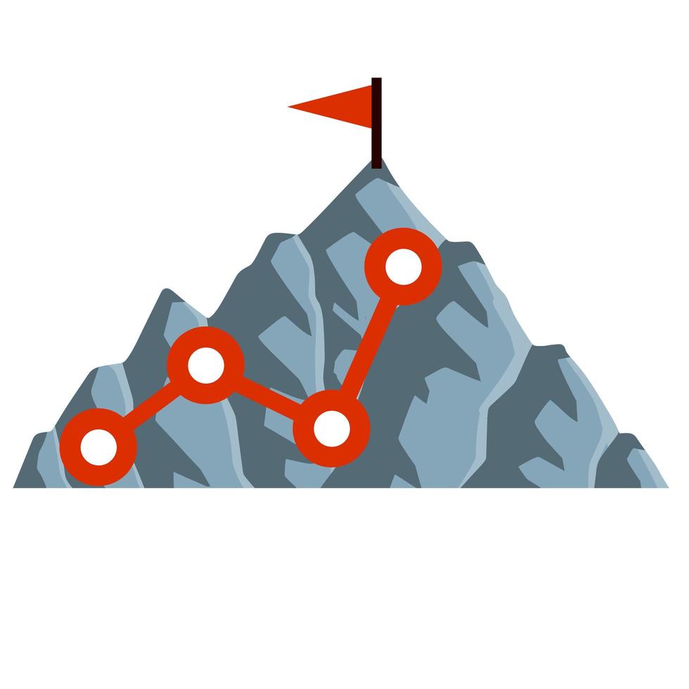 montagne d'escalade avec drapeau rouge. points et étapes du parcours. vecteur