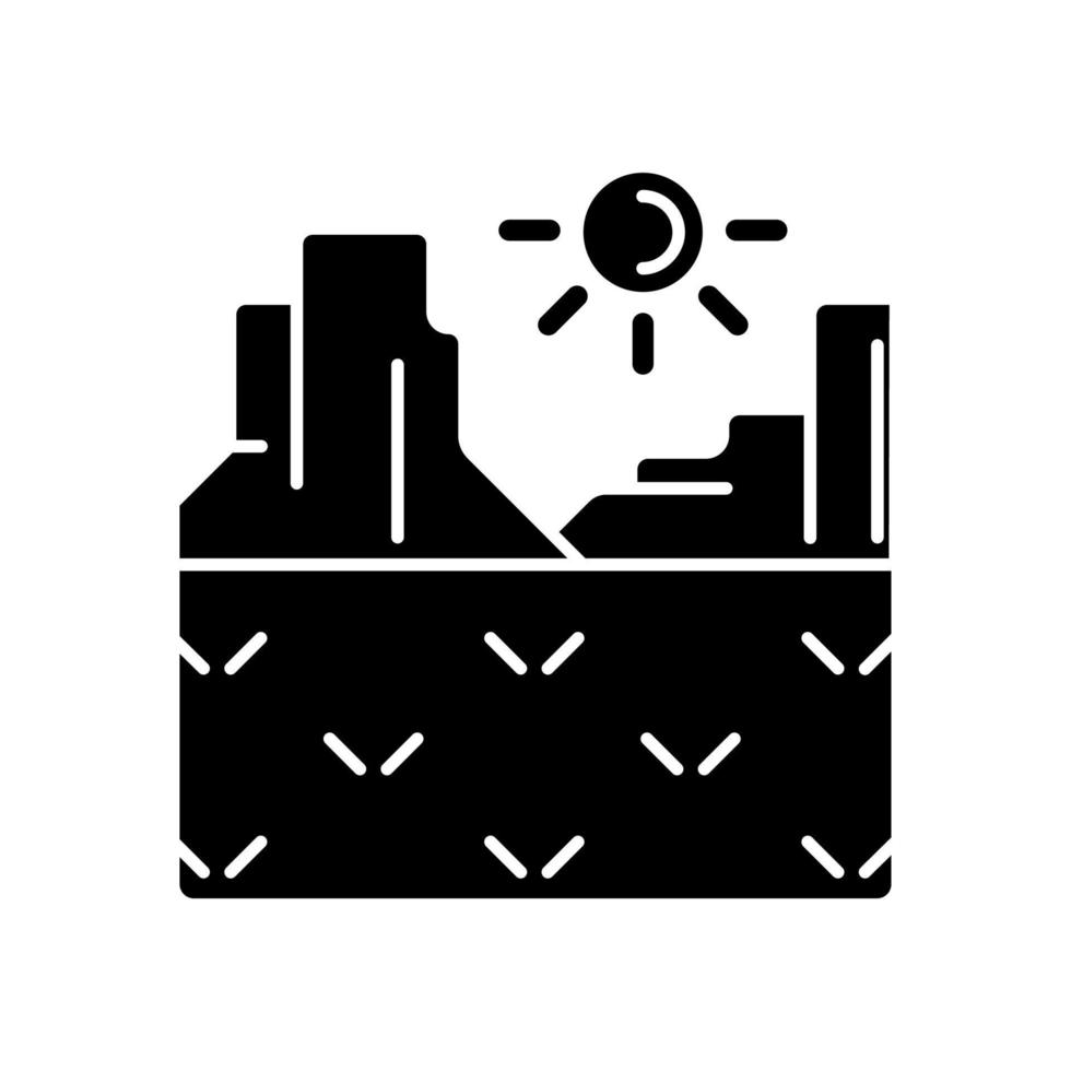 icône de glyphe noir de plateau. terrain plat surélevé. surface plane surélevée au-dessus de la surface. haut plateau. montagnes. formation de haute terre. symbole de silhouette sur un espace blanc. illustration vectorielle isolée vecteur