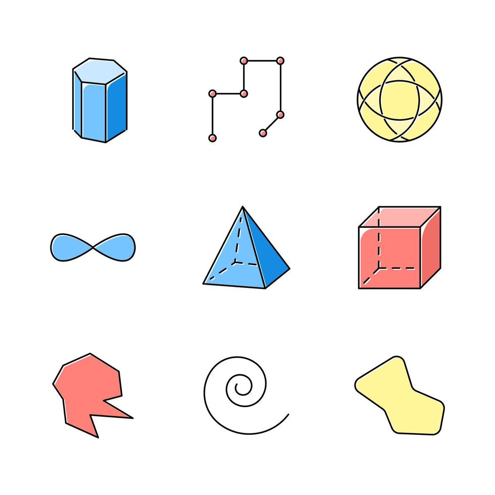 ensemble d'icônes de couleur de figures géométriques. modèle de prisme. lignes connectées avec des points. cercle rayé complexe. signe d'éternité. pyramide, cube. formes abstraites rondes. formes isométriques. illustrations vectorielles isolées vecteur