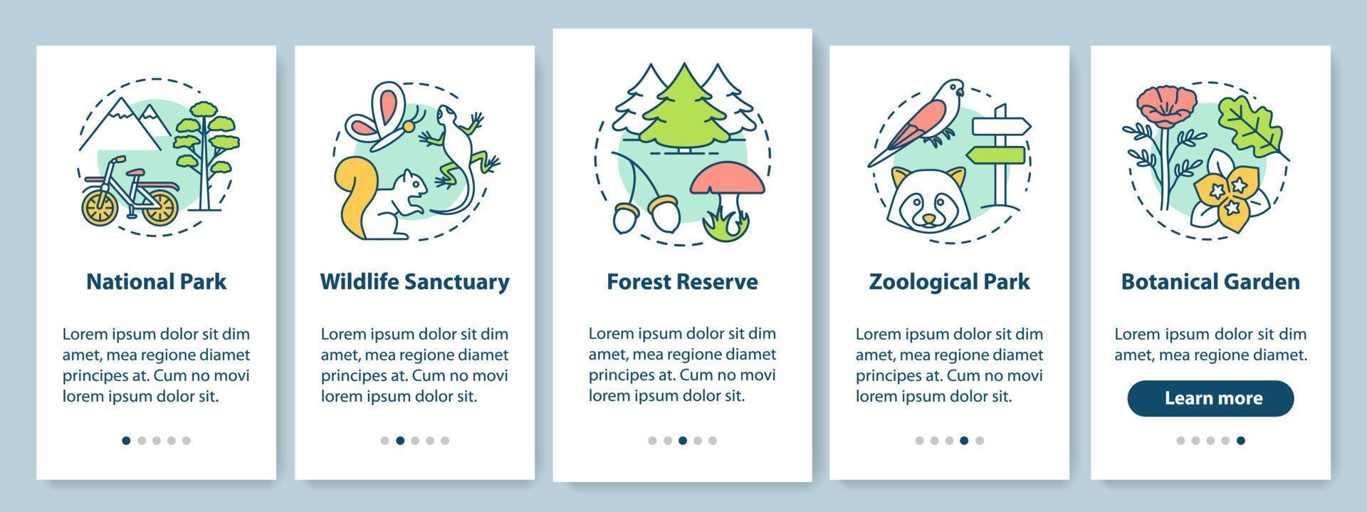 aires protégées pour l'écran de la page de l'application mobile d'intégration de la biodiversité avec des concepts linéaires. parc national, instructions graphiques des étapes de la procédure pas à pas de la réserve forestière. ux, ui, modèle vectoriel gui avec icônes