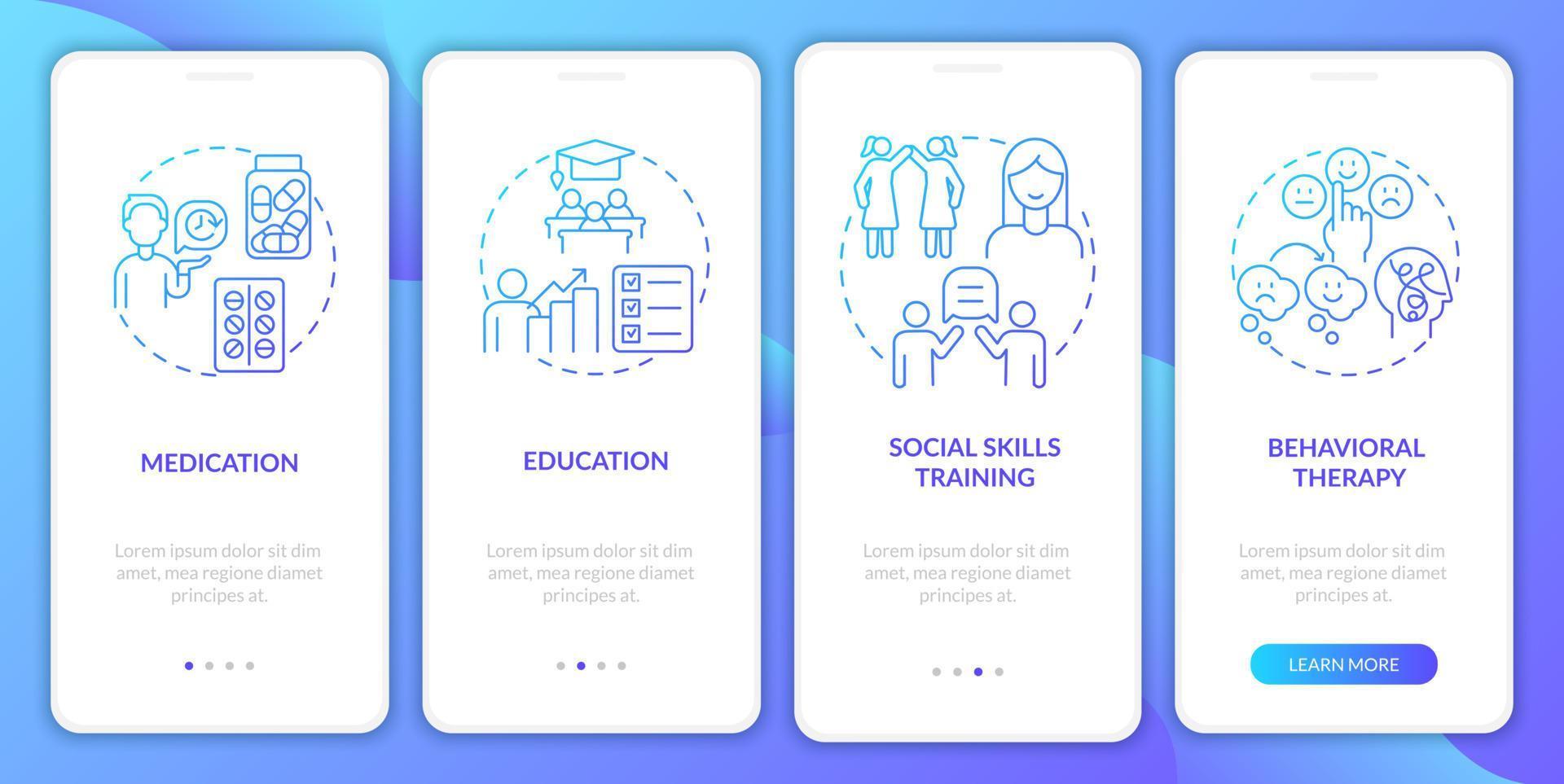 écran de la page de l'application mobile d'intégration de la gestion du tdah adulte. formation aux compétences sociales instructions graphiques en 4 étapes avec concepts. modèle vectoriel ui, ux, gui avec illustrations couleur linéaires