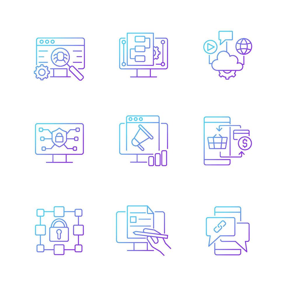 ensemble d'icônes vectorielles linéaires à gradient de compétence numérique. identifier les risques. la sécurité Internet. solution cloud. stratégie de promotion. ensemble de symboles de contour de ligne mince. collection d'illustrations de contour isolé vecteur