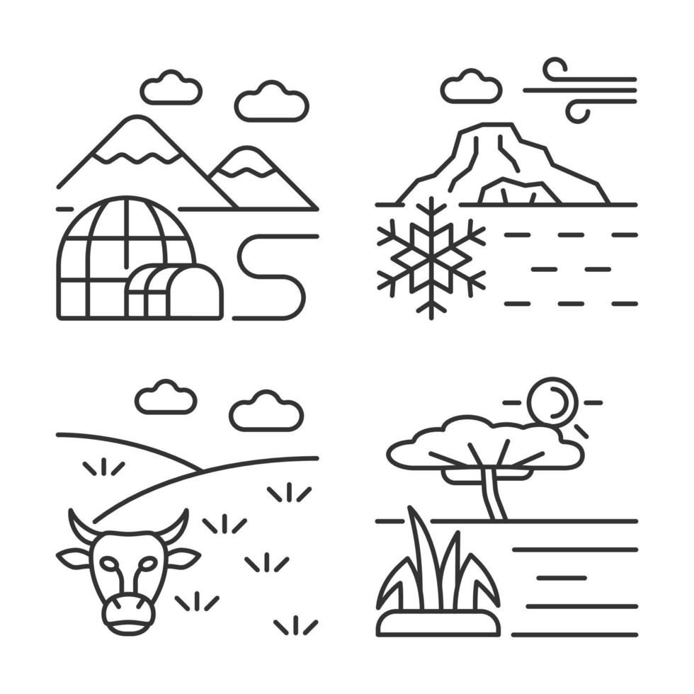 ensemble d'icônes linéaires de zones climatiques. régions du sud et du nord. conditions climatiques tempérées. symboles de contour de ligne fine personnalisables. illustrations vectorielles isolées. trait modifiable vecteur