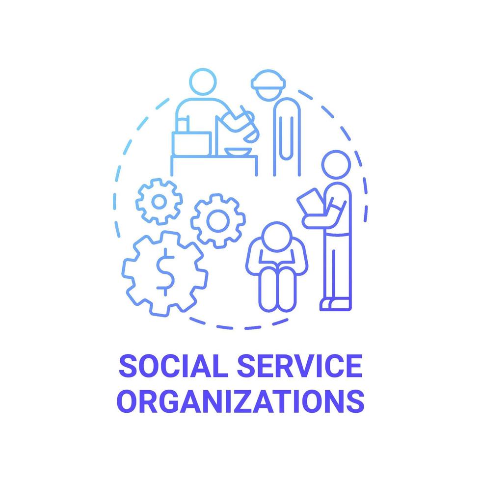 icône de concept de dégradé bleu des organisations de services sociaux. l'entrepreneur social se concentre sur l'illustration de la ligne mince de l'idée abstraite. soutenir les personnes dans le besoin. charité. dessin de couleur de contour isolé de vecteur