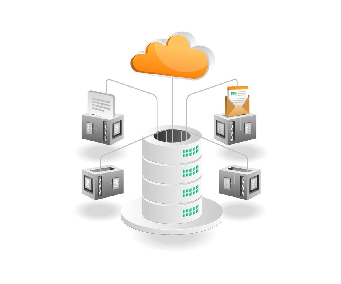 concept d'illustration isométrique. réseau cloud de serveur de base de données vecteur