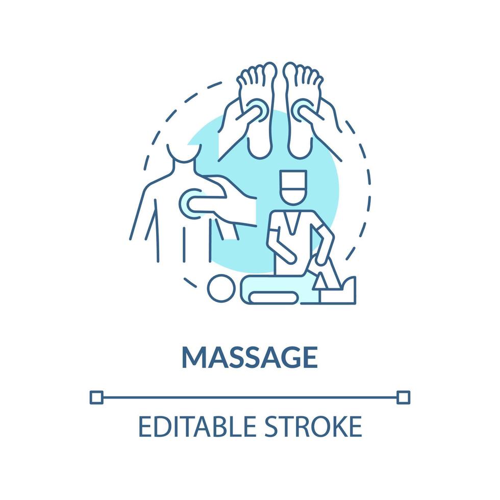 icône de concept bleu de massage. acupression pour soulager la douleur. réadaptation physique. illustration de la ligne mince de l'idée abstraite du traitement de physiothérapie. dessin de couleur de contour isolé de vecteur. trait modifiable vecteur