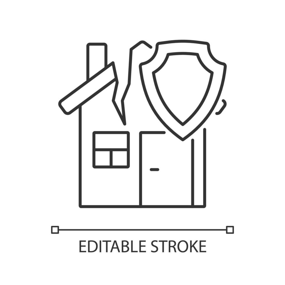 icône linéaire d'assurance habitation tremblement de terre. protection contre les catastrophes. illustration personnalisable en ligne mince. symbole de contour. dessin de contour isolé de vecteur. trait modifiable. police arial utilisée vecteur