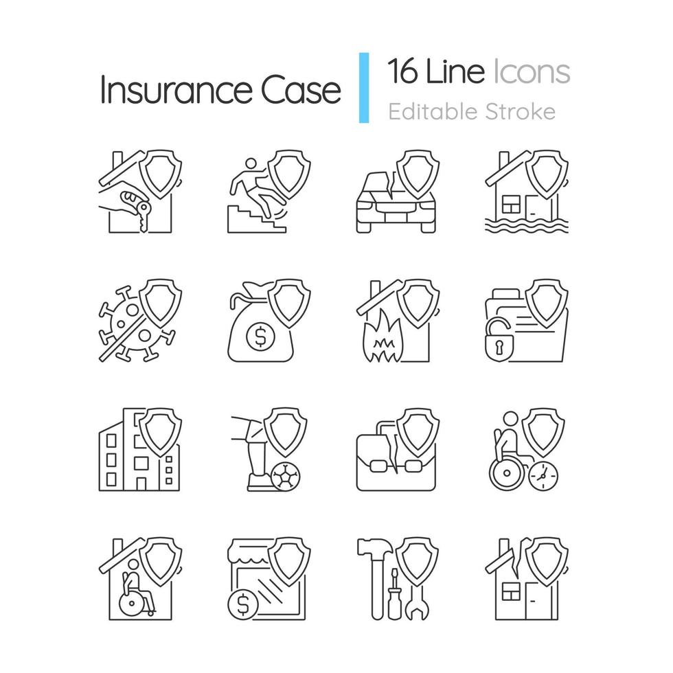 ensemble d'icônes linéaires de types d'assurance. garantie de protection financière contre les accidents. symboles de contour de ligne fine personnalisables. illustrations vectorielles isolées. trait modifiable. police quicksand-light utilisée vecteur