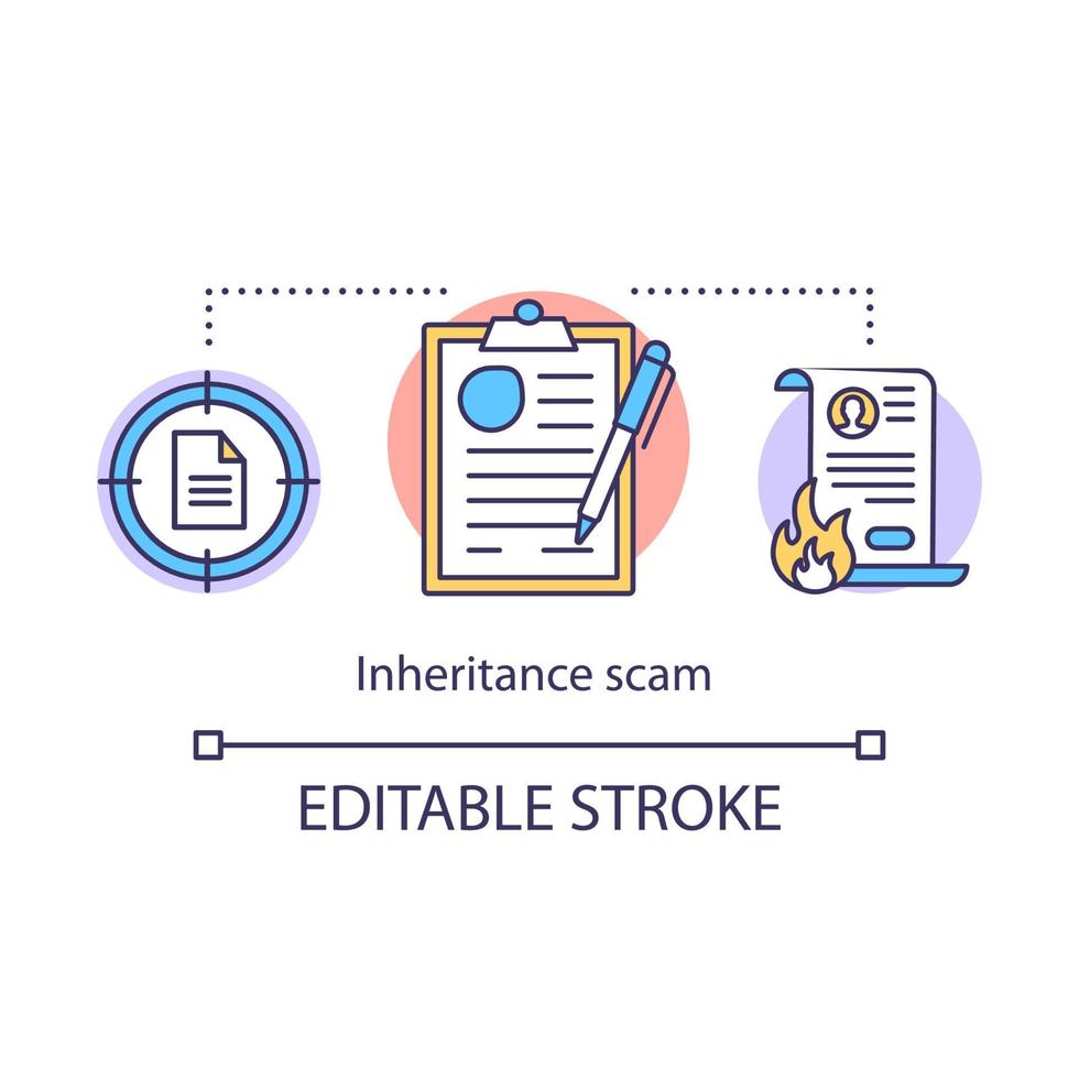 icône de concept d'escroquerie d'héritage. illustration de fine ligne d'idée de fraude de paperasse. fausse société d'avocats. actes illégaux par contrat. enfreindre la loi. dessin de contour isolé de vecteur. trait modifiable vecteur