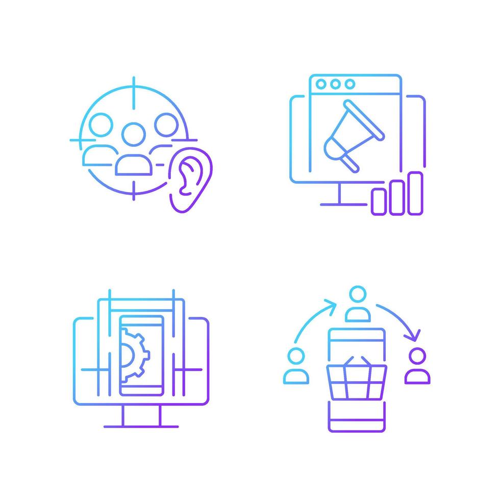 acquérir un jeu d'icônes vectorielles linéaires à gradient de compétence numérique. écoute active. rechercher des informations en ligne. conception UX. ensemble de symboles de contour de ligne mince. collection d'illustrations de contour isolé vecteur