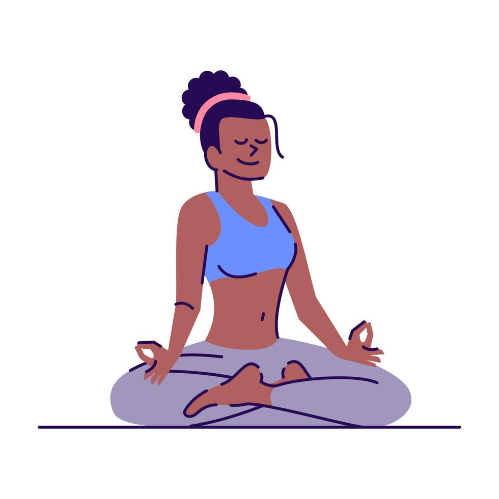 fille assise en illustration vectorielle plane de position du lotus. Cours de yoga. la gestion du stress. jeune femme afro-américaine méditant un personnage de dessin animé isolé avec des éléments de contour sur fond blanc vecteur