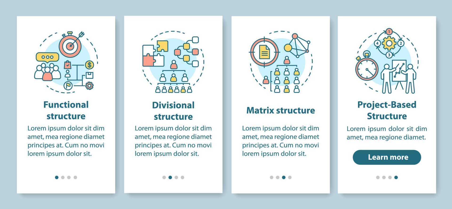 écran de page d'application mobile d'intégration de structure d'entreprise avec des concepts linéaires. hiérarchie organisationnelle. instructions graphiques pas à pas pour la gestion de l'entreprise. ux, ui, modèle vectoriel gui avec illustrations